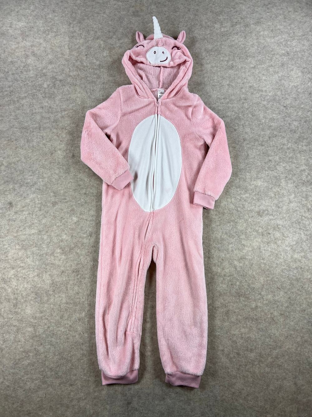 Carters Pink Fleece Unicorn Zip Up Romper One Piece Jumpsuit Girls Size 4